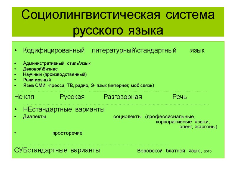 Социолингвистическая система русского языка  Кодифицированный    литературный\стандартный    